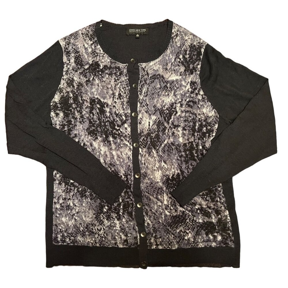 Jones New York women's black patternd cardigan sweater sz 1X wool/viscose blend